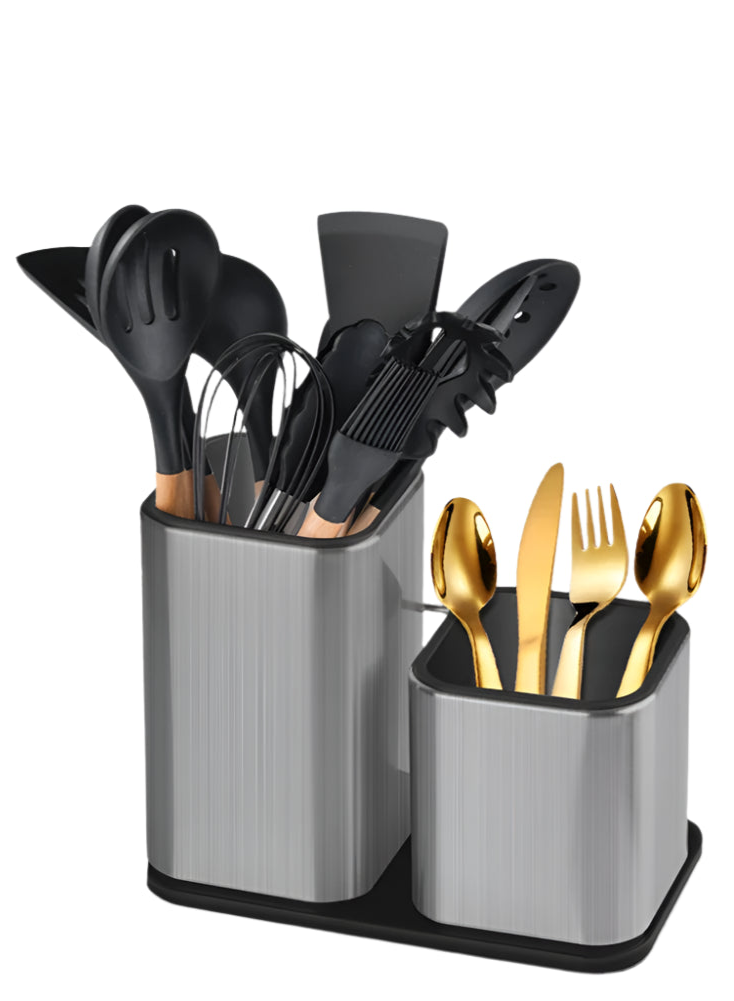 Dual Compartment Utensil Holder – Kitchen Cutlery and Cooking Tool Organiser for Worktop