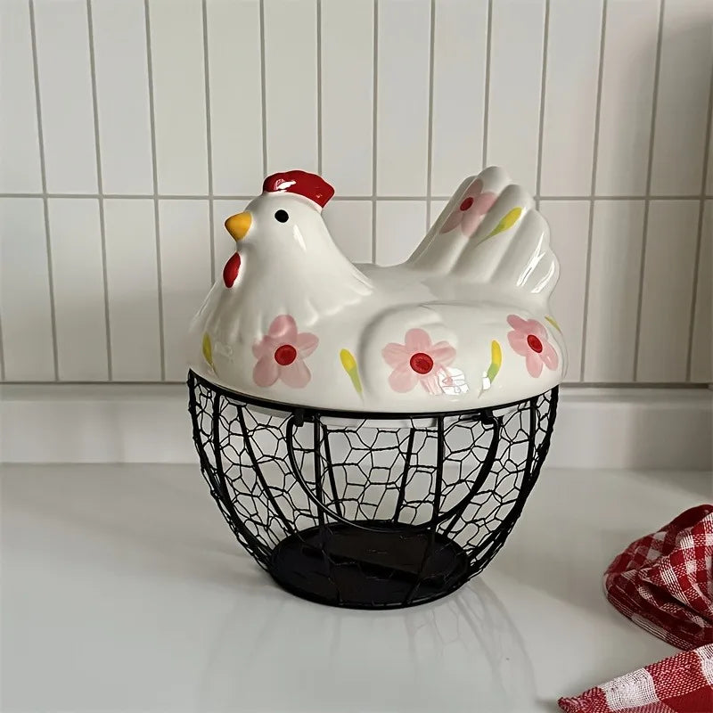 Clovelle Hen Ceramic Egg Holder Basket – Farmhouse Chicken Egg Storage Container with Lid for Kitchen Counter, Fruit and Vegetable Storage