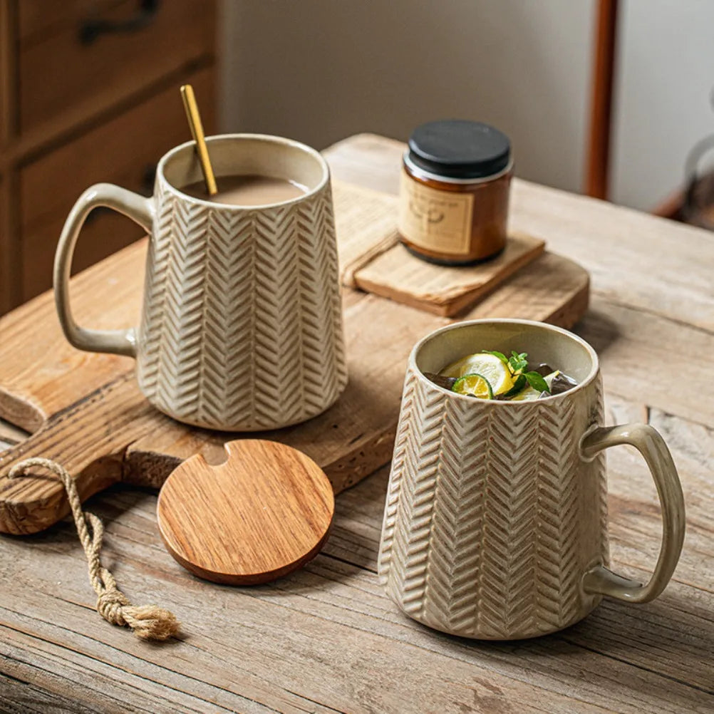 Wheat Weave Embossed Ceramic Mug with Wooden Lid & Spoon