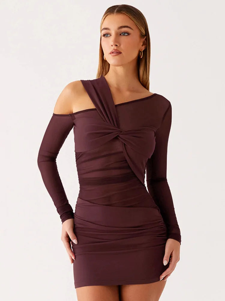 Celenia Ruched Mesh Asymmetric Bodycon Mini Dress – Claret One Shoulder Mesh Detail Party Mini Dress