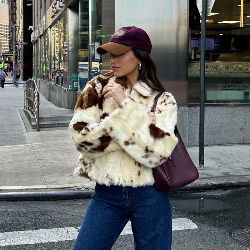 Calvaya Cropped Faux Fur Jacket – Women’s Luxury Cow Print Animal Faux Fur Coat for Winter Outfits & Statement City Style