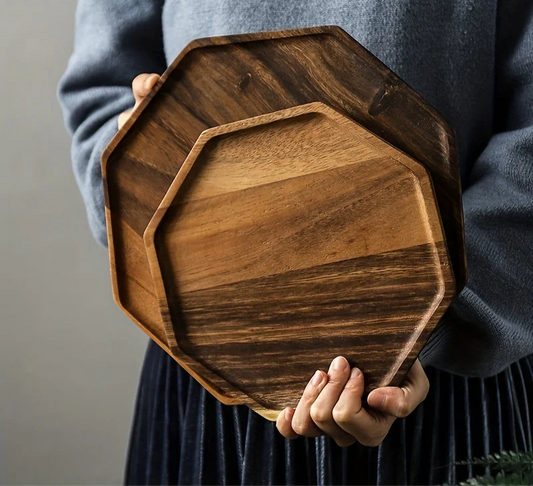 Octagonal Acacia Wood Plate – Eco-Friendly Dessert and Serving Tray for Snacks, Tea or Dinner