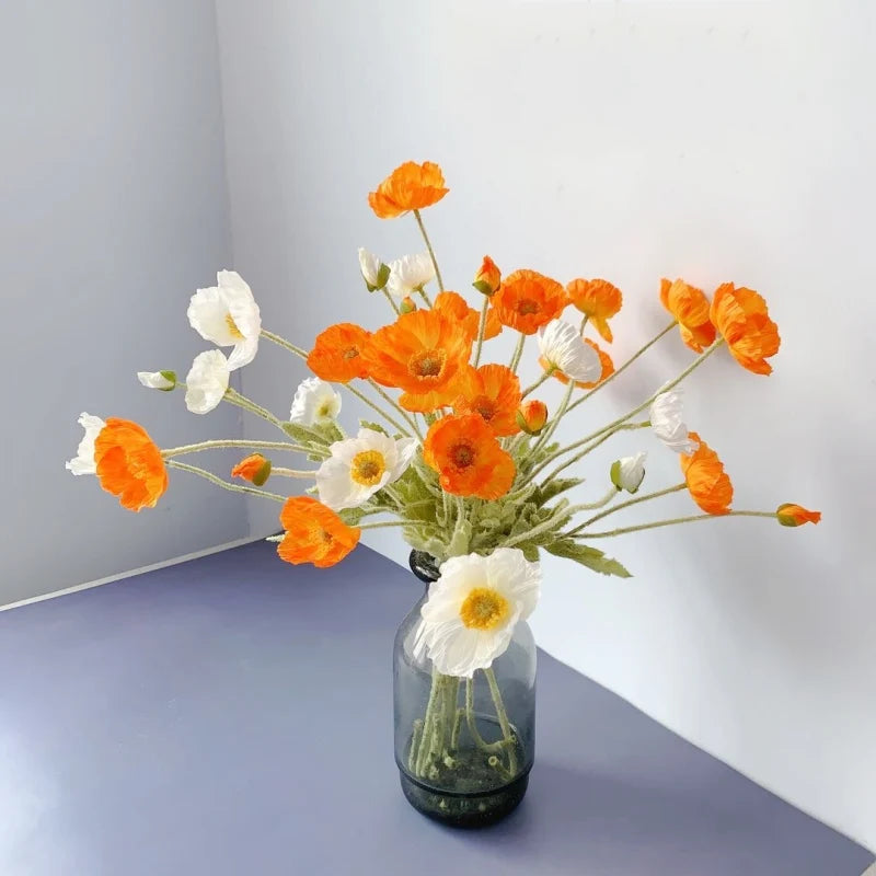 Meadow Poppy Stem Bundle – Silk Poppy Flower Stem with 3 Blooms and 1 Bud for Vase Arrangements and Home Styling