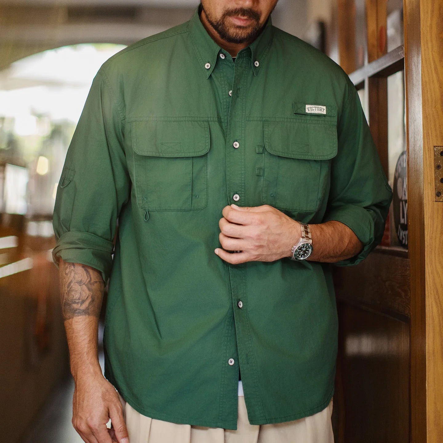 Brentwell Men’s Green Cotton Overshirt – Long Sleeve Single-Breasted Loose Fit Utility Shirt Jacket