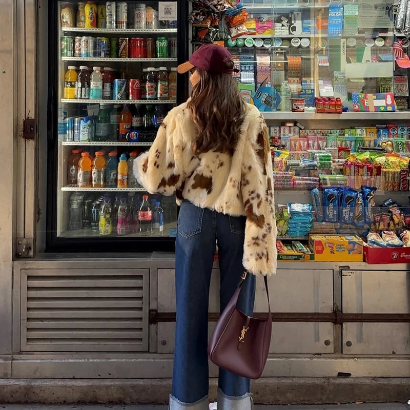 Calvaya Cropped Faux Fur Jacket – Women’s Luxury Cow Print Animal Faux Fur Coat for Winter Outfits & Statement City Style