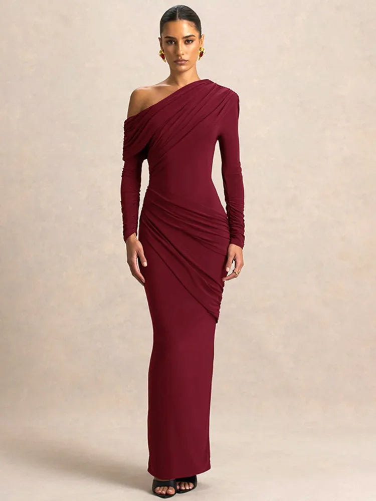 Calyssa Asymmetric One-Shoulder Ruched Maxi Dress – Long Sleeve Eveningwear & Wedding Guest Gown