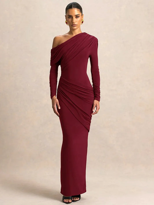 Calyssa Asymmetric One-Shoulder Ruched Maxi Dress – Long Sleeve Eveningwear & Wedding Guest Gown