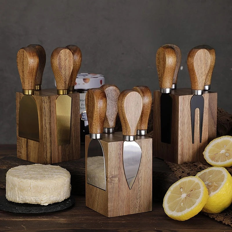 Acacia Wood Magnetic Cheese Knife Set – 5-Piece Stainless Steel Cheese Knives with Wooden Block Holder