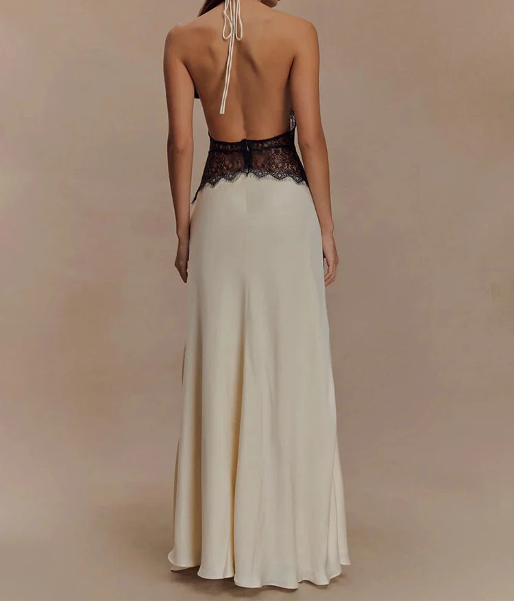 Alvara Halterneck Lace Panel Maxi Dress – Backless Sleeveless Occasion Gown