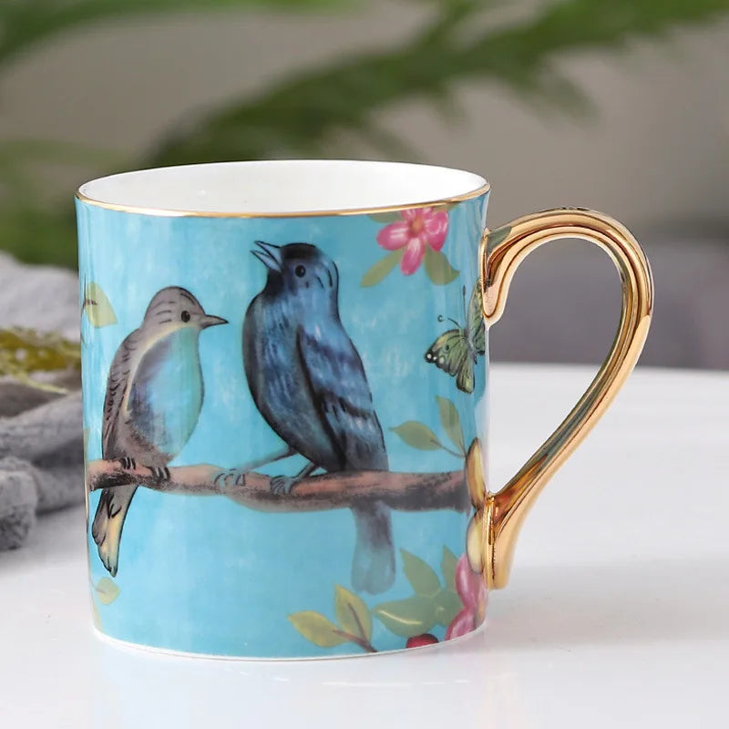 Avirel Bird Print Ceramic Mug – Gold Handle Tea & Coffee Cup