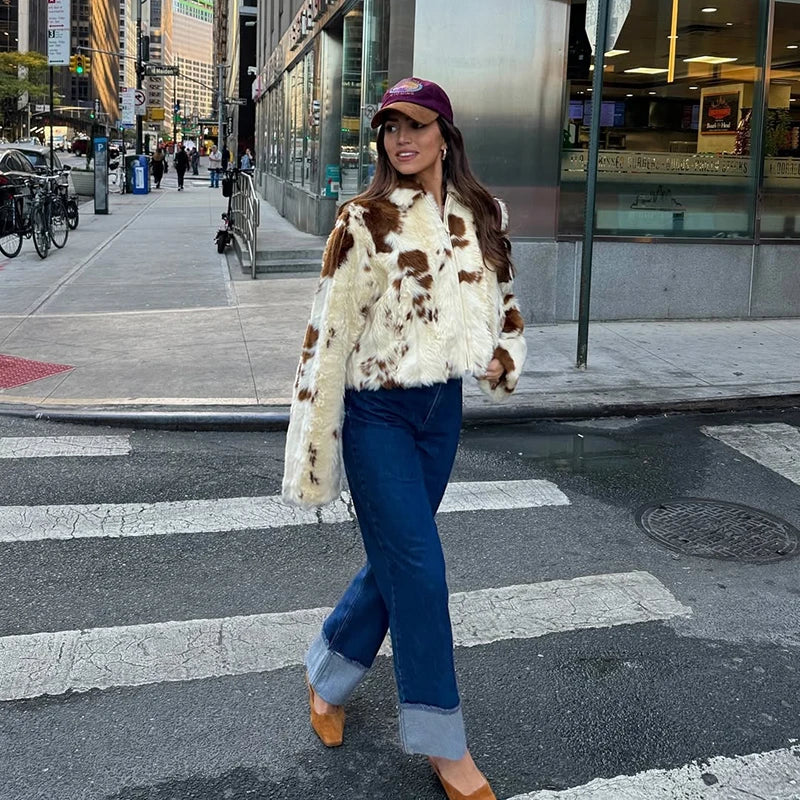 Calvaya Cropped Faux Fur Jacket – Women’s Luxury Cow Print Animal Faux Fur Coat for Winter Outfits & Statement City Style