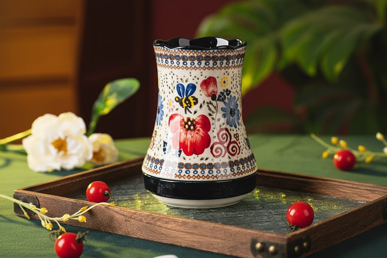 Floria Ceramic Utensil Holder – Floral Kitchen Utensil Caddy with Drain Base, Cutlery Holder, Spoon Fork Storage Organiser