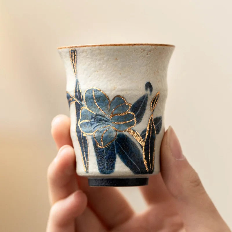 Lily Bloom Hand-Painted Ceramic Tea Cup – Blue Floral Matcha Cup, Espresso Cup, Loose Leaf Tea Cup, Decorative Tea Bowl