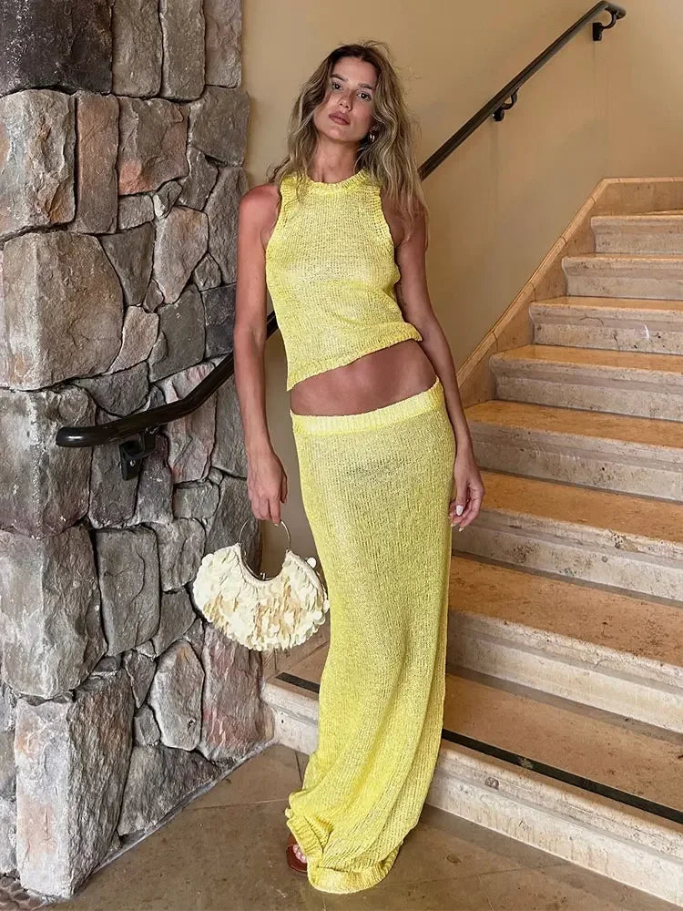 Kaelis Sleeveless Knit Co-Ord Set – High Neck Crop Top and Bodycon Maxi Skirt