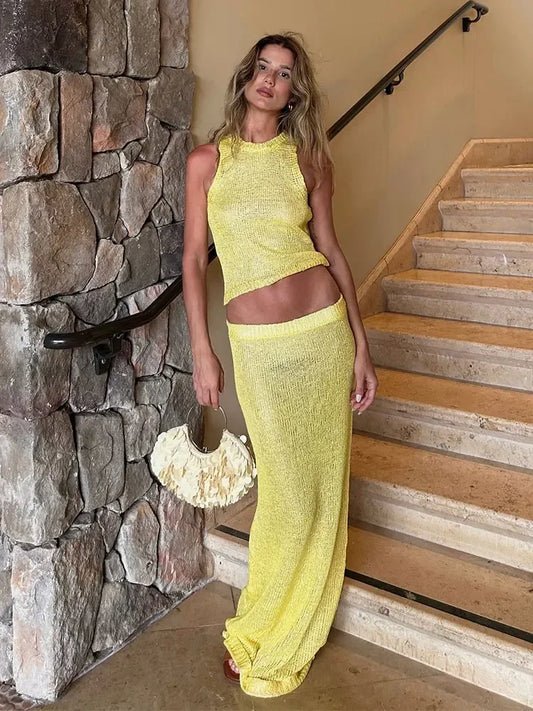 Kaelis Sleeveless Knit Co-Ord Set – High Neck Crop Top and Bodycon Maxi Skirt