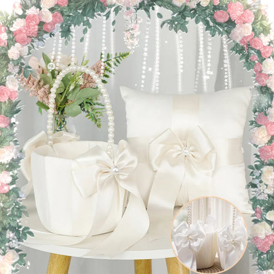 Ivory Satin Flower Girl Basket & Ring Cushion Set – Wedding Ceremony Accessories with Pearl Handle & Bow Detail