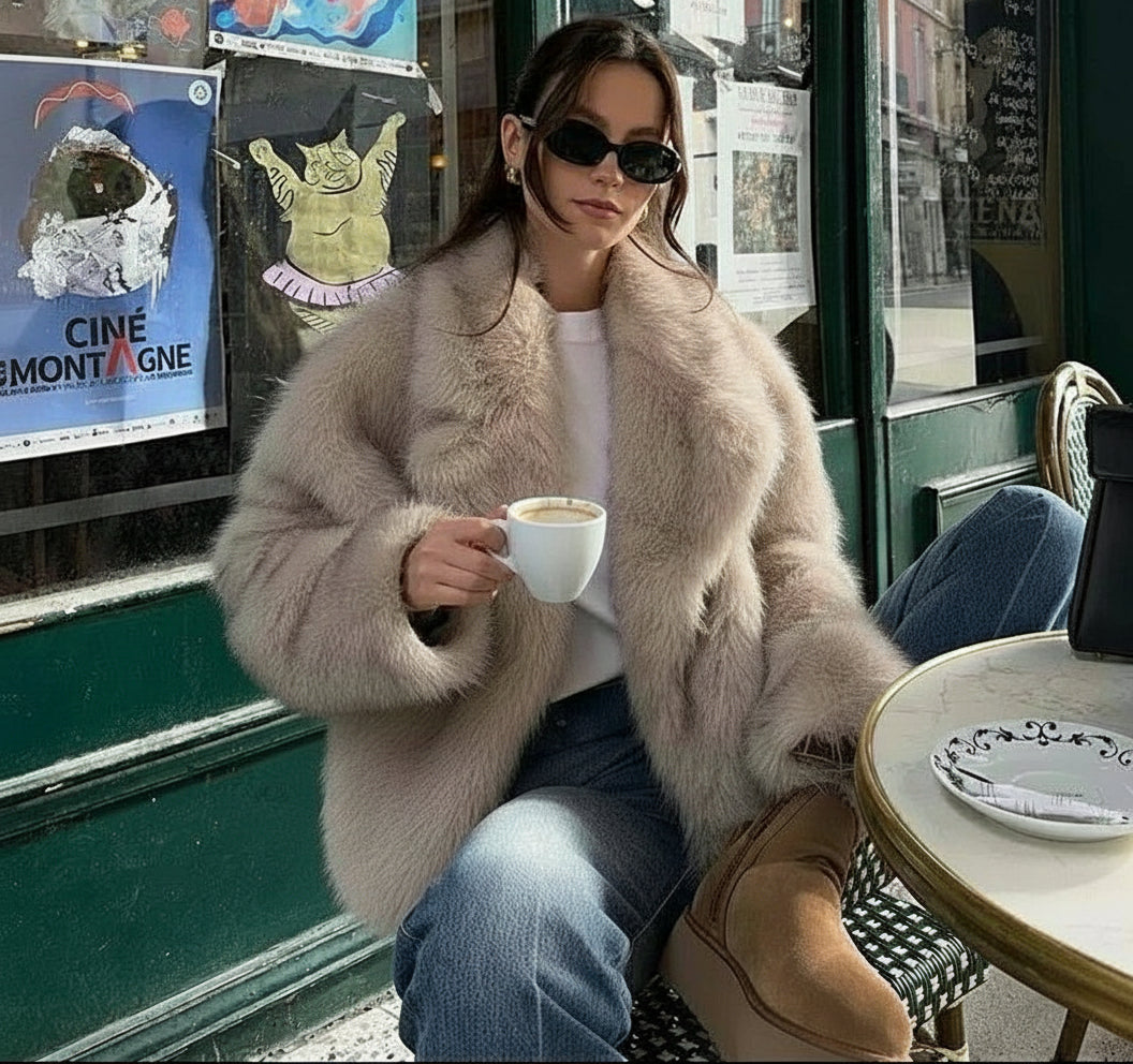 Mirellana Plush Faux Fur Coat – Women’s Oversized Luxury Winter Jacket with Wide Collar