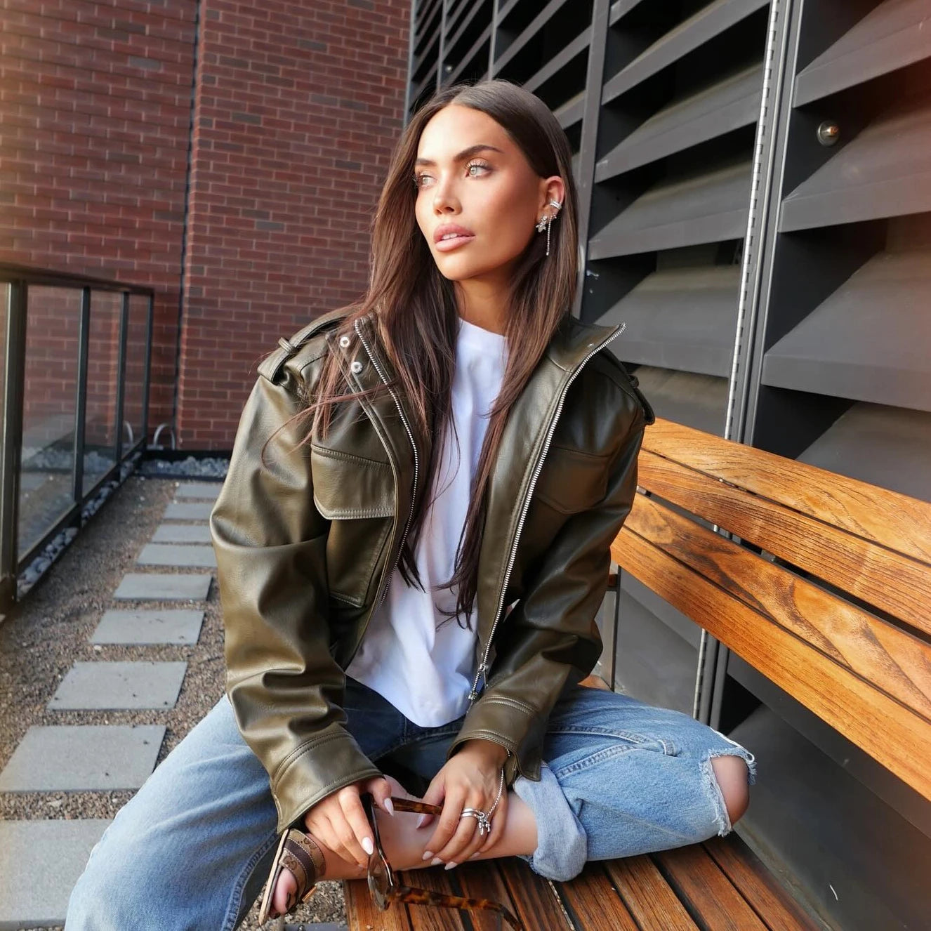 Varelis Cropped Faux Leather Jacket – Women’s Zip Front Outerwear with Utility Front Pockets