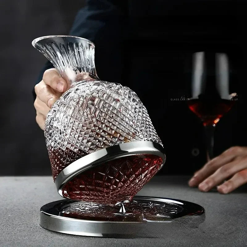 Rotating Crystal Whiskey Decanter with Gold/ Silver Base – 1.5L, Luxury Glass Liquor Carafe for Home Bar