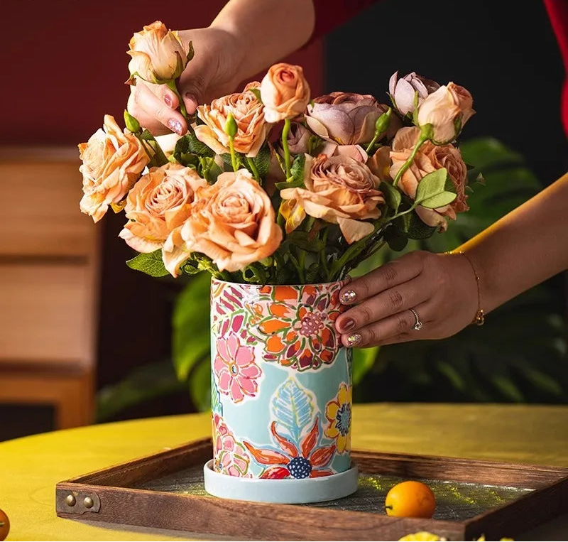 Florielle Ceramic Utensil Holder – Floral Kitchen Storage Jar with Removable Base Tray for Cutlery, Spoons and Countertop Organisation