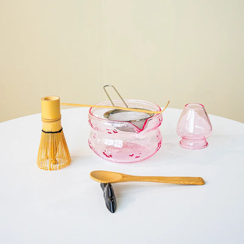 Matcha Tea Ceremony Set – Pink/ Blue Glass Matcha Bowl With Bamboo Whisk, Scoop & Accessories 4/5/7/8 Piece Set