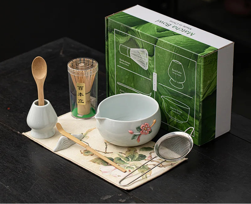 Blossom & Flecked Glaze Matcha Whisk Gift Set – Japanese Matcha Tea Set with Bamboo Whisk, Bowl & Accessories