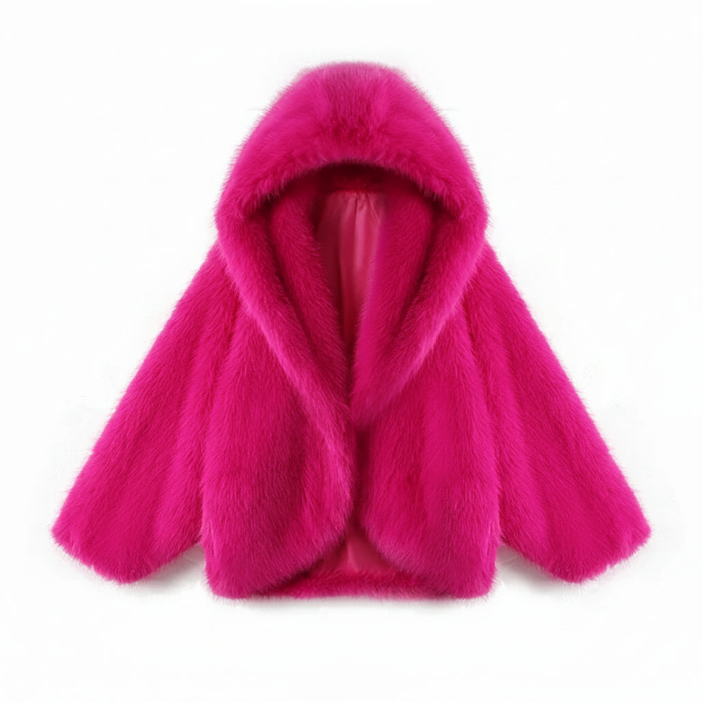 Vossara Hooded Plush Faux Fur Coat – Women’s Luxury Oversized Winter Jacket for Daywear and Evening Partywear