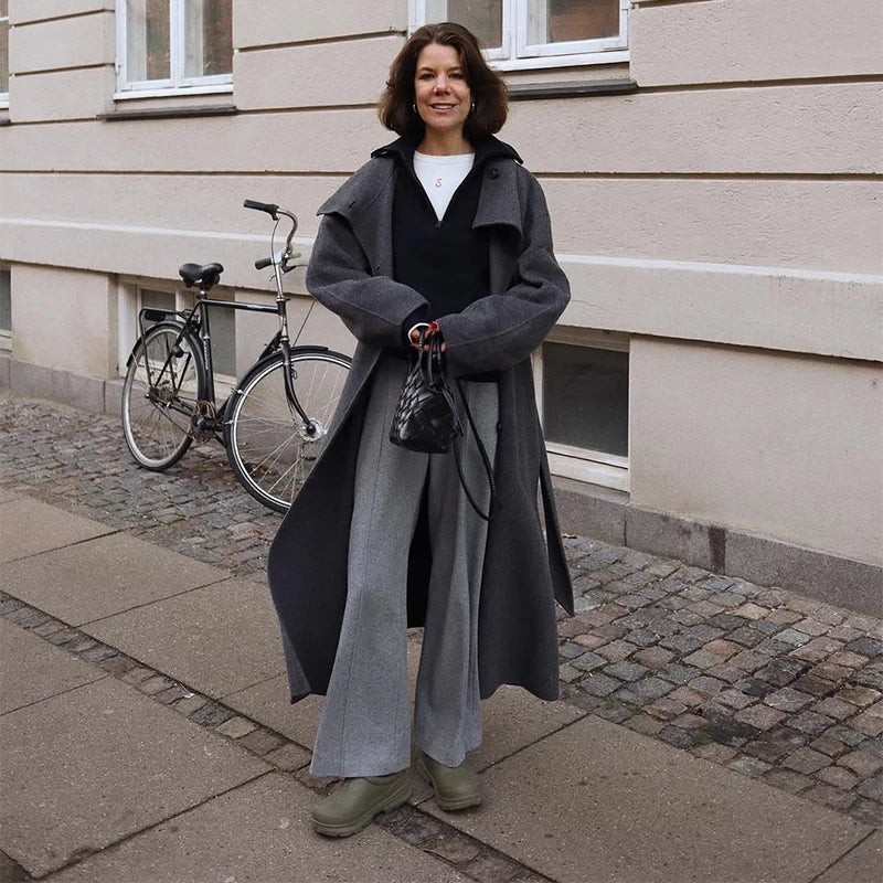 Adelisse Belted High Neck Wool Blend Maxi Coat – Women’s Longline Winter Overcoat with Statement Collar