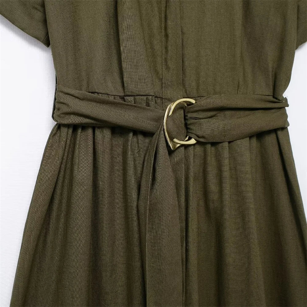 Lunira Belted Shirt Midi Dress – Short Sleeve Summer Shirt Dress in Khaki Green and Soft Beige