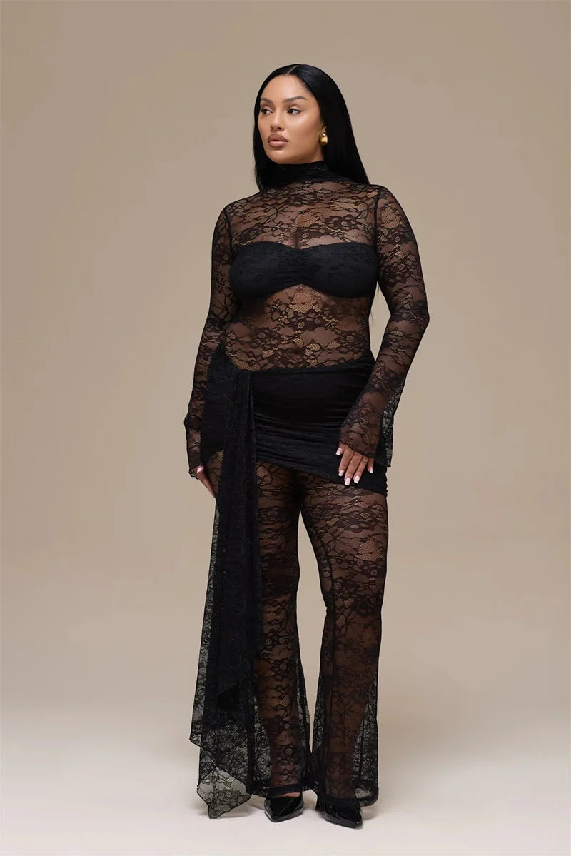 Vionara Lace Sheer Jumpsuit with Draped Wrap Detail – Long Sleeve Mesh Eveningwear for Party & Occasion Outfits