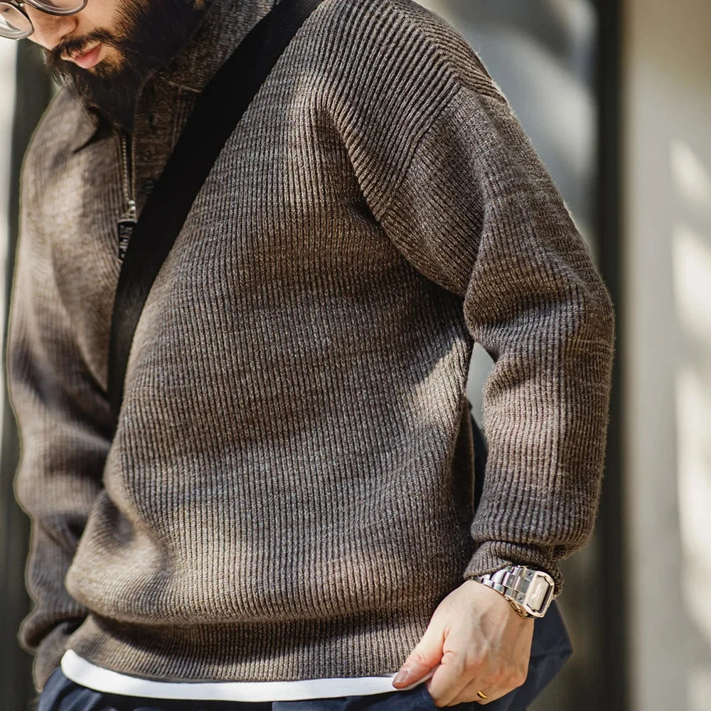 Caelen Knitted Long Sleeve Collared Sweater – Ribbed Textured Knit Jumper in Coffee Brown
