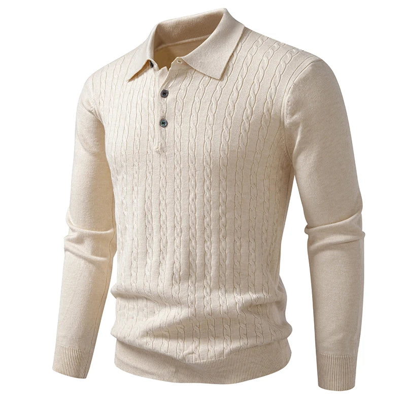 Mens Textured Knit Polo Jumper – Cable Knit Long Sleeve Pullover with Button Neck