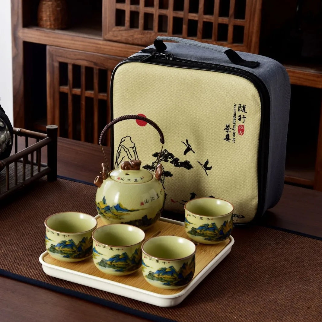 Willow Grove Travel Tea Set Collection – Ceramic Teapot and 4 Teacups Portable Tea Set with Case for Home, Gift and Outdoor Use