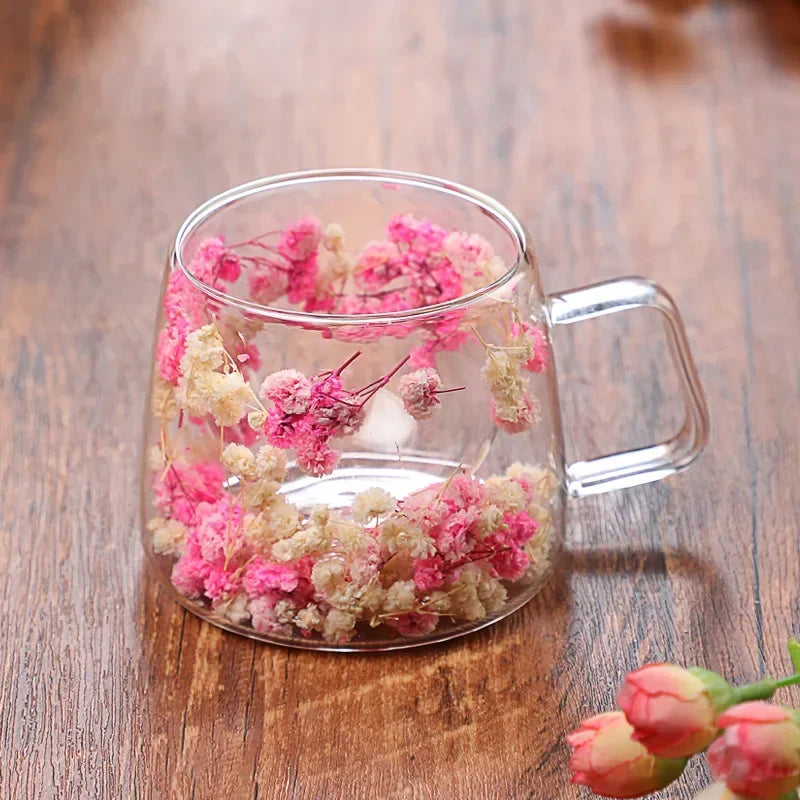 Bloom Infusion Double Wall Glass Mug – Clear Floral Tea & Coffee Cup with Floating Pink, Purple, Blue Flower Design