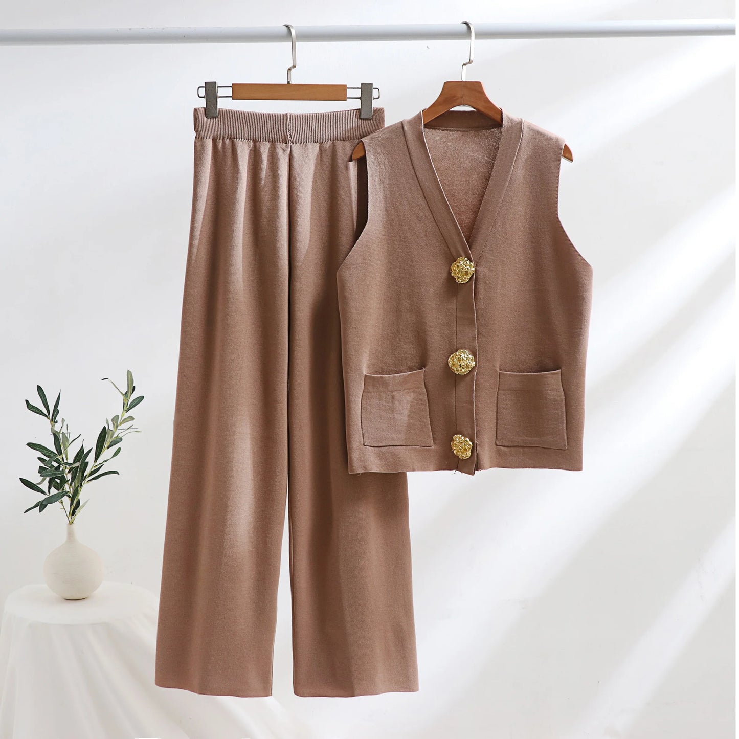 Solvaira Gold Button Knit Co-Ord Set – Sleeveless Knit Two Piece with Wide Leg Trousers for Summer & Holiday Outfits