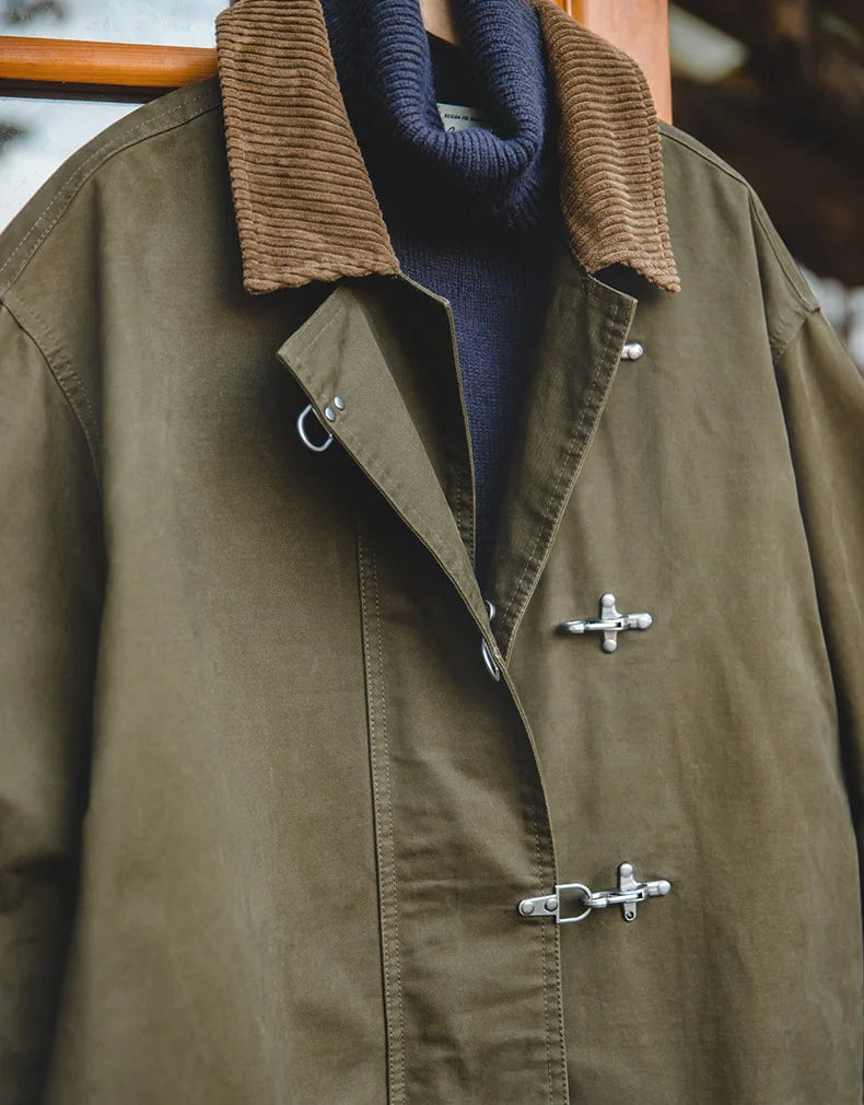 Kenslow Men’s Cotton Utility Trench Coat – Toggle Front Jacket with Corduroy Collar