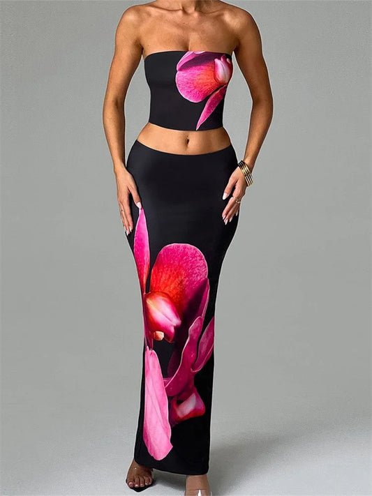 Solenne Two-Piece Floral Print Co-Ord – Strapless Bandeau Crop Top & Maxi Skirt Set in Pink Orchid Print