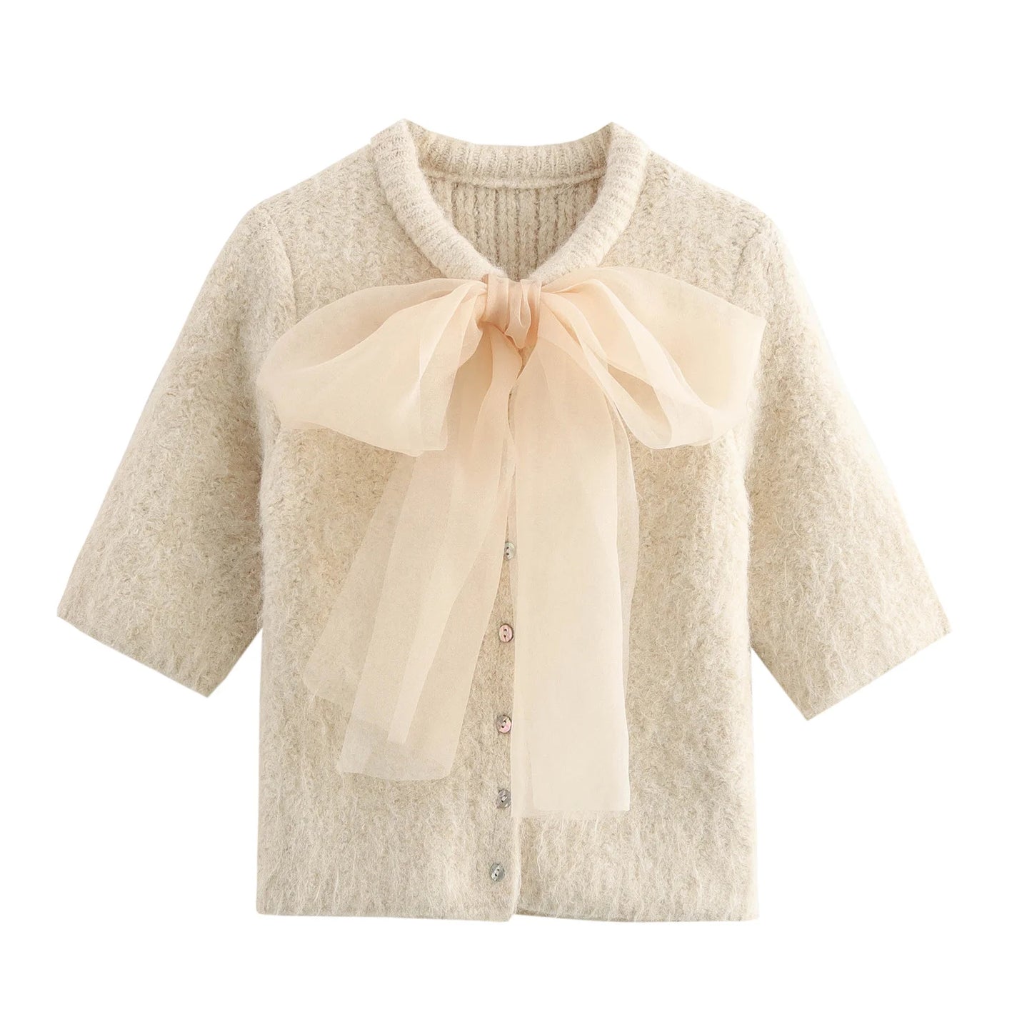 Chic Knit Cardigan with Sheer Bow Detail