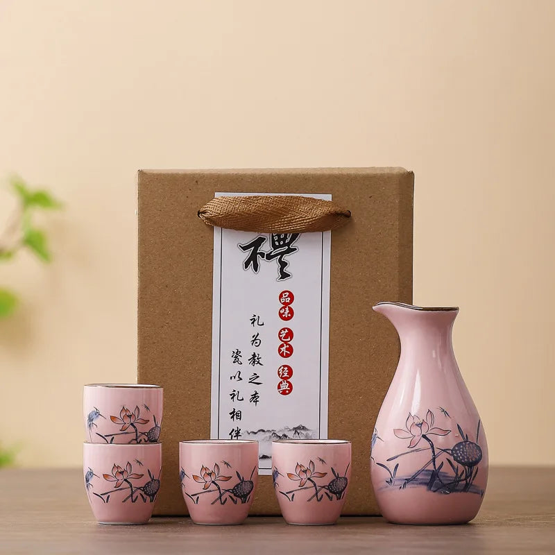 Sakura Blossom Ceramic Sake Gift Set – 5 Piece Sake Carafe and Cup Set