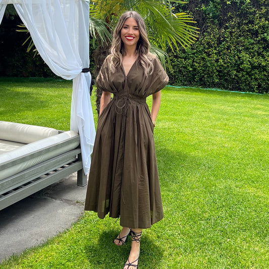 Salomé Pleated Kimono Sleeve Maxi Dress – Structured A-Line Occasion Gown with Waist Tie