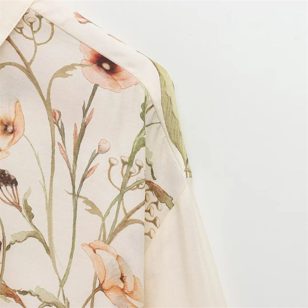 Florielle Two-Piece Wide-Leg Shirt and Trouser Co-Ord Set – Cream Floral Matching Outfit with Elastic Waist