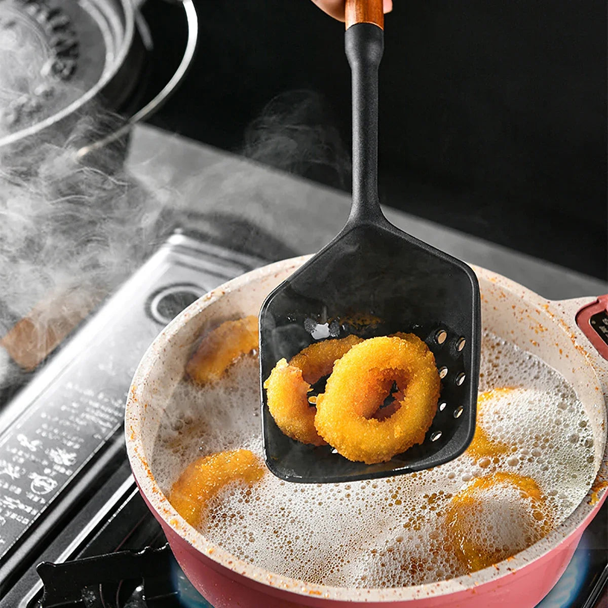 7-Piece Black Silicone Cooking Utensil Set with Wooden Handles – Non-Stick Heat Resistant Kitchen Tools