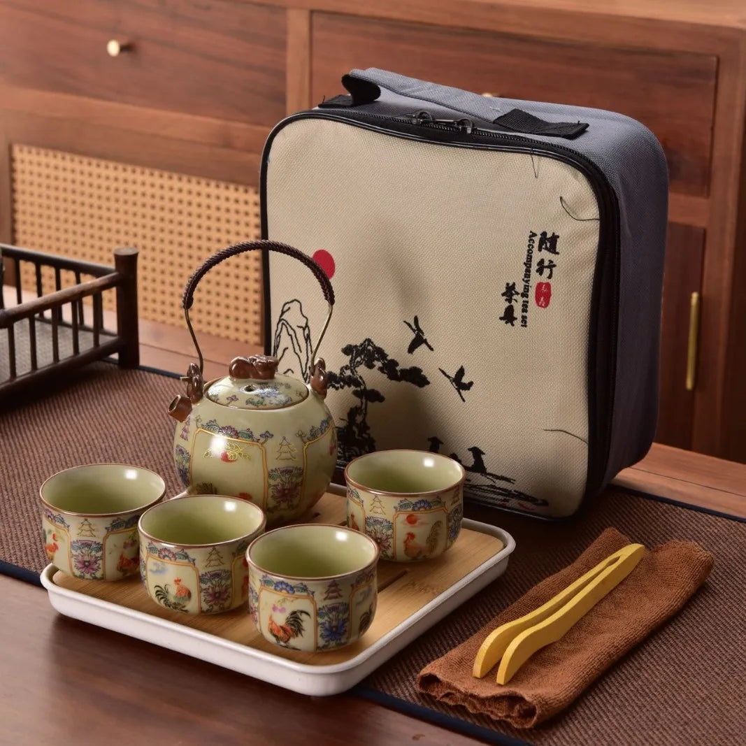 Willow Grove Travel Tea Set Collection – Ceramic Teapot and 4 Teacups Portable Tea Set with Case for Home, Gift and Outdoor Use