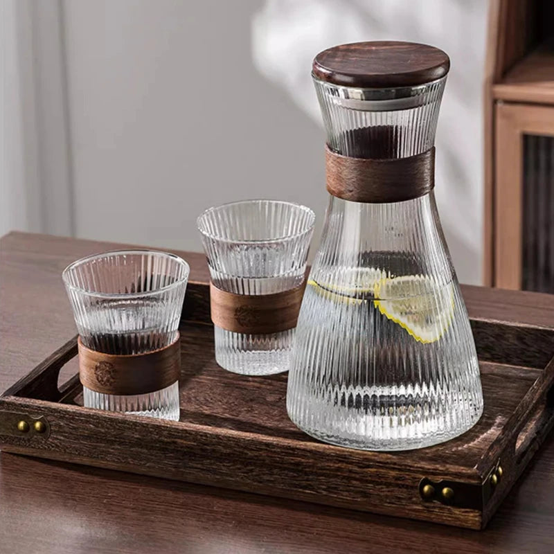 Ribbed Glass Carafe & Tumbler Set with Wooden Lid, Stand and Tray – Elegant Water & Juice Pitcher for Dining and Entertaining