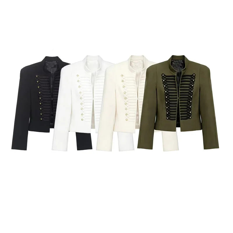 Sorevina Military Braid Cropped Jacket – Women's Embellished Button Cropped Jacket