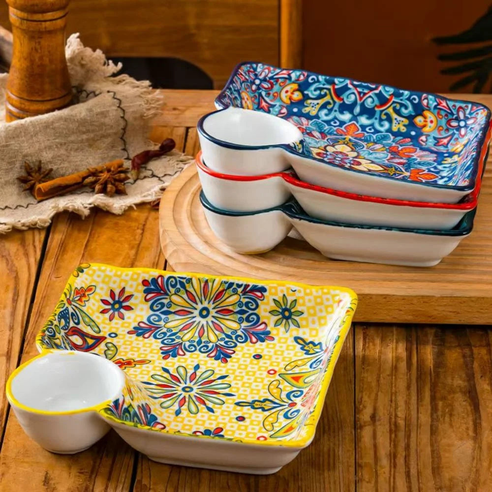 Zareli Ceramic Serving Dish with Sauce Holder – Tapas Plate for Table Serving