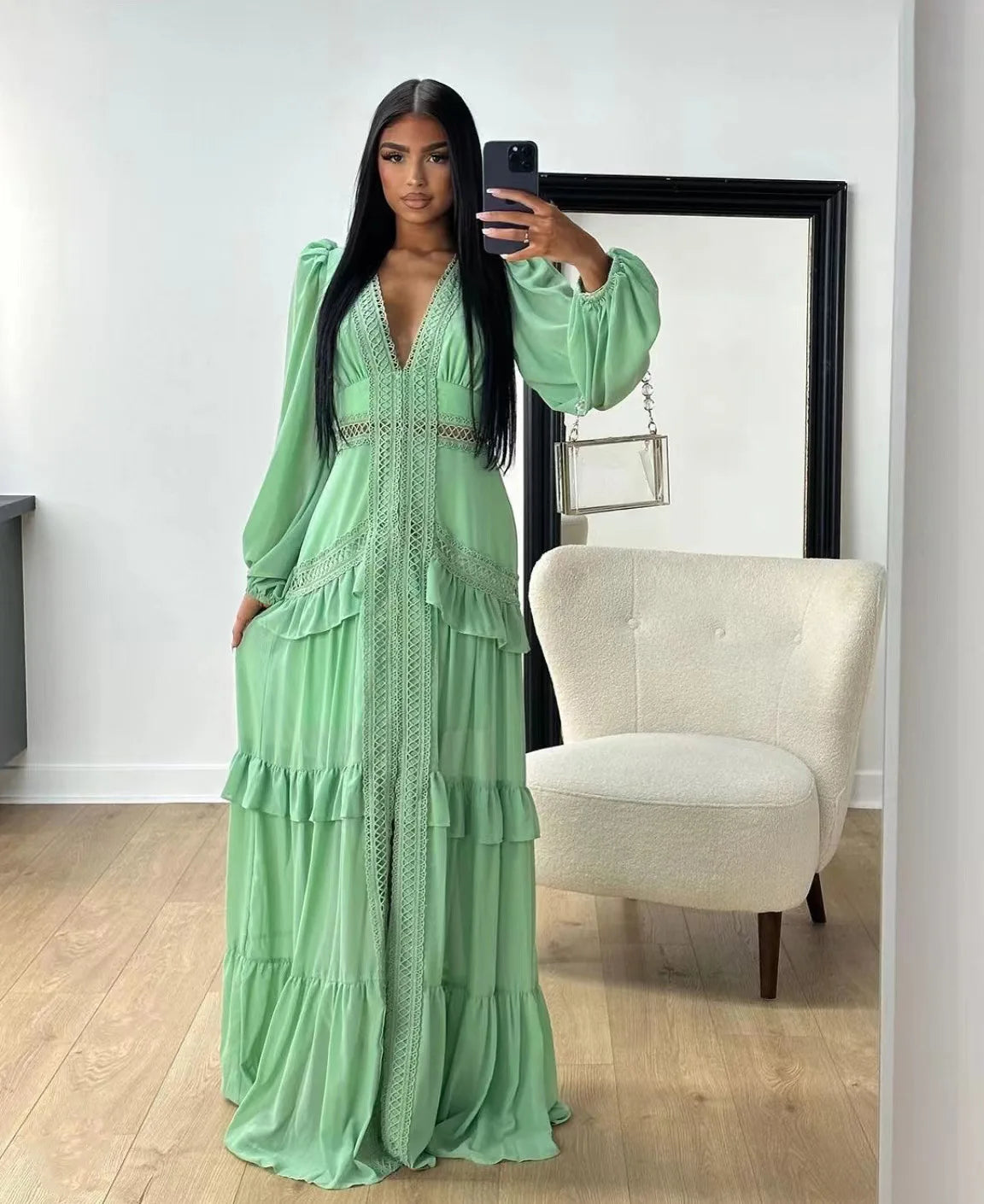 Seralyn Tiered Maxi Dress with Long Sleeves – V-Neck Wedding Guest Dress, Holiday Dress & Occasion Maxi