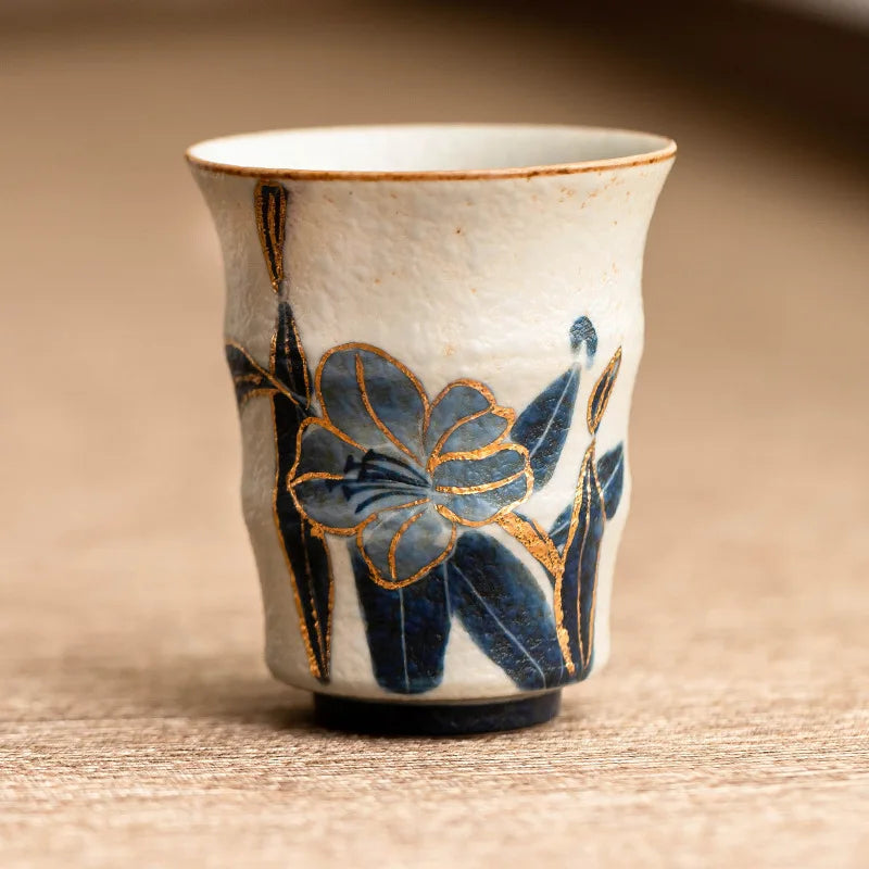 Lily Bloom Hand-Painted Ceramic Tea Cup – Blue Floral Matcha Cup, Espresso Cup, Loose Leaf Tea Cup, Decorative Tea Bowl