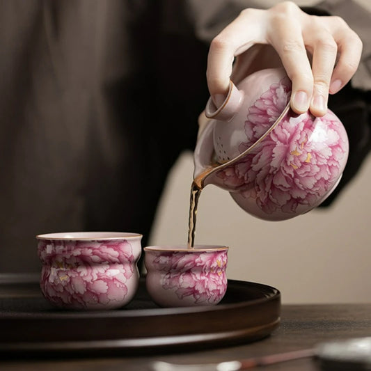 Peony Bloom Handmade Tea Set – Portable Ceramic Travel Tea Set with Teapot and Cups, Floral Tea Set Gift with Case