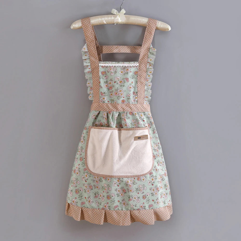 Floral Ruffle Kitchen Apron with Pocket – 1 Piece Adjustable Cooking & Baking Aprons for Women in Pink, Green Or Blue